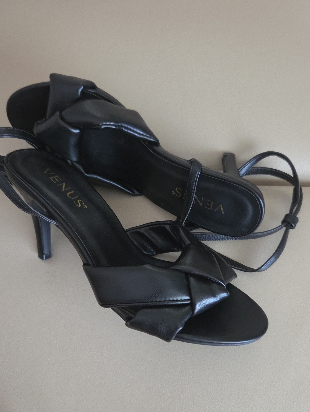 VENUS Black Knotted Strap Heeled Sandals for Women Size 8